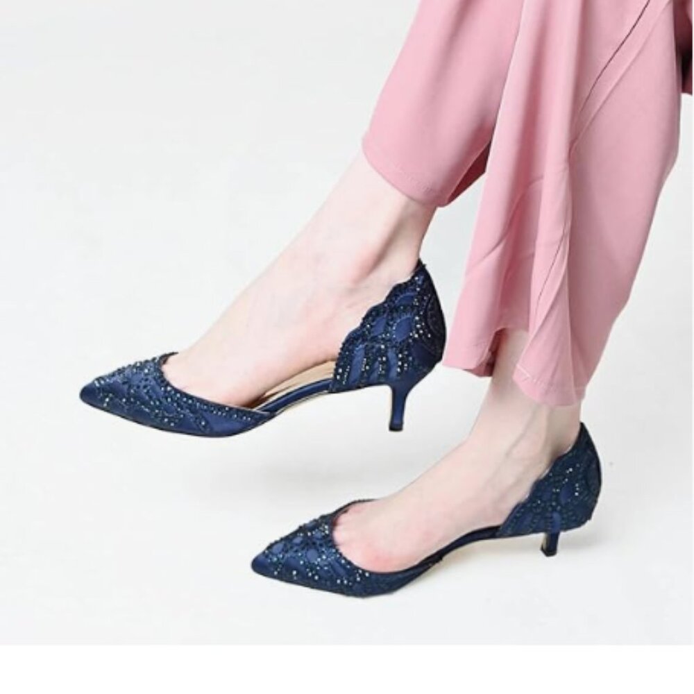 XYD Navy  Elegant Pointed Toe D'Orsay Kitten Heel Rhinestone Stud Wedding Pump